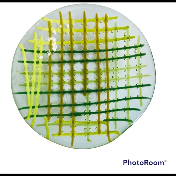 Art Glass Bowl Green Stripes Bowl Striped Art Glass Bubbles and Stripes Bowl - Picture 1 of 5